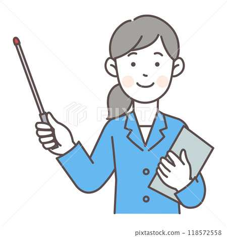 Upper body illustration of a woman in a suit holding a pointer 118572558