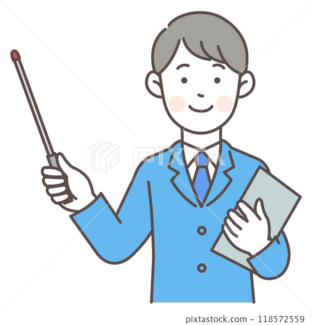 Upper body illustration of a man in a suit holding a pointer 118572559