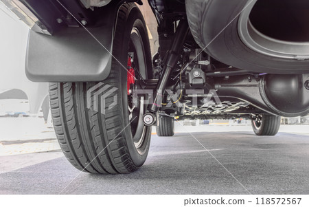 SUV car suspension and rear drive shaft. 118572567