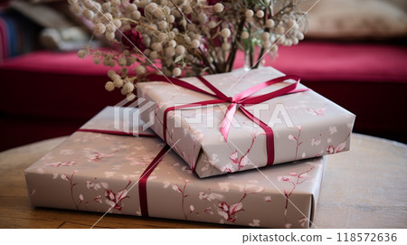 Christmas gift box wrapping idea for boxing day and winter holidays in the English countryside tradition 118572636