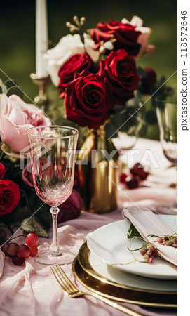 Elegant tablescape, formal dinner table setting with red roses and wine, elegant table decor for wedding, dinner party and holiday event decoration, home styling idea 118572646