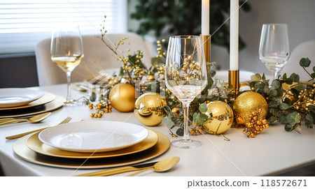 Christmas table decor, holiday tablescape and dinner table setting, formal event decoration for New Year, family celebration, English country and home styling inspiration 118572671