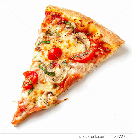 Pizza slice isolated on white background, online delivery from pizzeria, take away and fast food concept 118572763