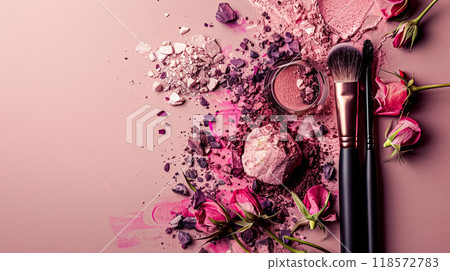 Make-up cosmetic product, beauty products and cosmetics swatch sample flatlay, various makeup brand tools as glamour fashion night out background idea 118572783