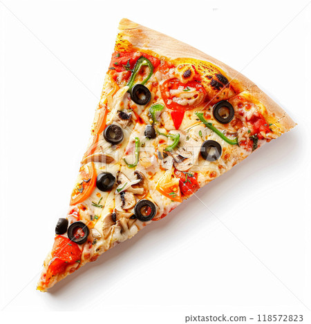 Pizza slice isolated on white background, online delivery from pizzeria, take away and fast food concept 118572823