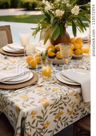 Botanical holiday tablescape, outdoor English country table setting, table scape with elegant tableware and dinnerware for wedding party and event, post-processed, generative ai 118572954