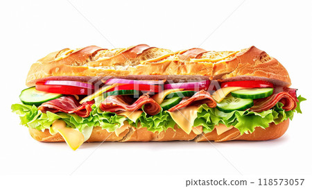 Perfect baguette sandwich, fast food chain menu commercial design 118573057