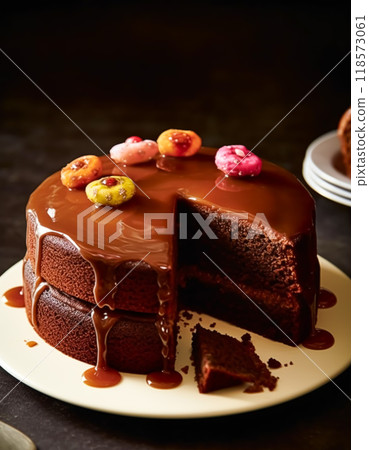 Food, bakery and holiday baking recipe, chocolate cake pudding with cocoa caramel sauce, post-processed, generative ai 118573061