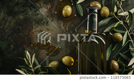 Olive oil bottle ad background with copyspace, vegetable oil commercial produce, food industry and retail concept 118573065