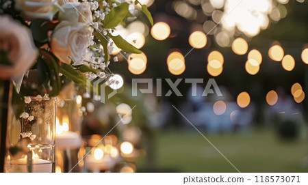 Outdoor wedding reception, warm glow of the lights creates a magical atmosphere as guests gather, the background is slightly blurred, joyful ambiance of the celebration, romantic and festive evening 118573071