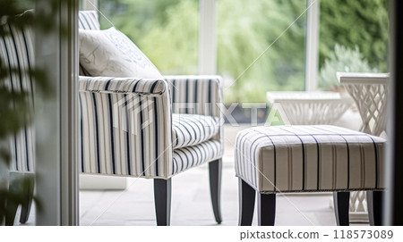 Cotage conservatory room decor, interior design and house improvement, garden furniture with sofa and home decor, English country house style 118573089