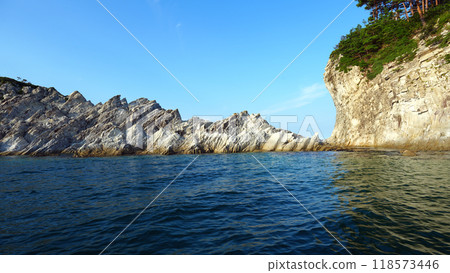 Jodogahama Beach as seen from a boat Jodogahama Beach as seen from a boat 118573446