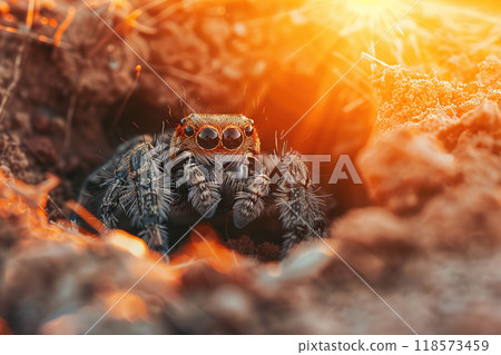 Close-up of a jumping spider emerging from the soil. Its vibrant eyes and furry body stand out in the natural sunlight, creating a detailed, dramatic shot. Insect. 118573459