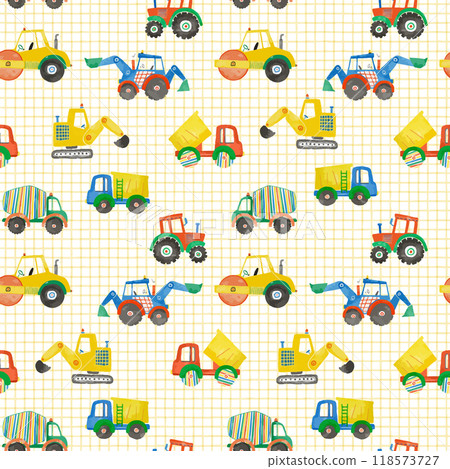 Beautiful vector childish seamless pattern with hand drawn watercolor kid toys illustrations. Construction equipment concrete mixer dump truck excavator tractor. Beautiful vector childish seamless pattern with hand drawn watercolor kid toys illustrations. Construction equipment concrete mixer dump truck excavator tractor. 118573727