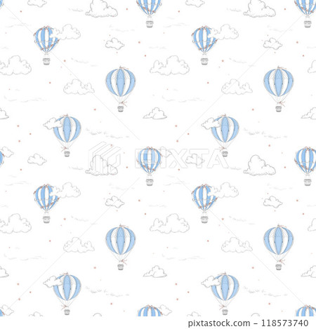 Beautiful seamless pattern with hand drawn air balloons and clouds. Stock illustration. Ready print design. 118573740