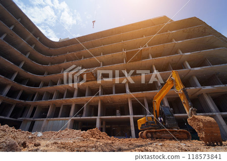 Modern bulldozer working at a construction site 118573841