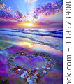 Heart shaped stone on a dreamy sunset beach 118573908