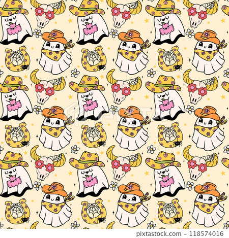 Western Halloween Seamless Pattern Cowboy Ghost Doodle Retro Groovy isolated on background. 118574016
