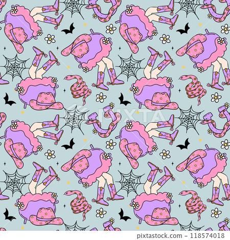 Funky Halloween Cowgirl boots Seamless Pattern Western Cowboy Spooky Doodle Retro Groovy isolated on background. Funky Halloween Cowgirl boots Seamless Pattern Western Cowboy Spooky Doodle Retro Groovy isolated on background. 118574018