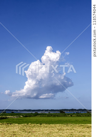 Cumulonimbus clouds floating leisurely in the blue sky of early autumn [Above the autumn countryside] 118574044