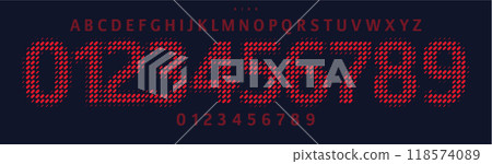 Dynamic dot matrix font, blending retro futuristic numbers and letters, bold eye-catching typographic design for digital displays, sports jerseys, tech branding. Vector typeset 118574089