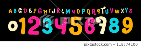 Whimsical font with playful curves and bright bold colors, numbers and letters for child festive, holidays headline, joyful sports branding, jersey numbers, team merchandise. Vector typeset 118574100