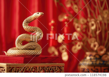 A beautiful gold snake statue is elegantly positioned atop a red box. AI-generated content. 118574198