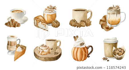 Autumn Drinks and Pastry Desserts Clipart. Set of fall sweets and beverages. Watercolor food illustration isolated on white background for Thanksgiving and fall design, cafe menu, cook book, packages Autumn Drinks and Pastry Desserts Clipart. Set of fall sweets and beverages. Watercolor food illustration isolated on white background for Thanksgiving and fall design, cafe menu, cook book, packages 118574243