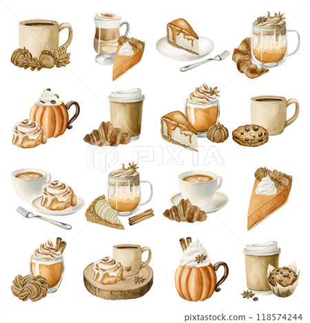 Autumn Drinks and Pastry Desserts Clipart. Set of fall sweets and beverages. Watercolor food illustration isolated on white background for Thanksgiving and fall design, cafe menu, cook book, packages 118574244