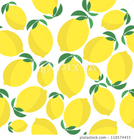 Vector Fresh Yellow Lemon with Green Leaves. Seamless Pattern. Tropical Fruit Icon with Sour Taste Vector Fresh Yellow Lemon with Green Leaves. Seamless Pattern. Tropical Fruit Icon with Sour Taste 118574455