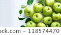 many fresh green apples and green leaves on white background, top view 118574470