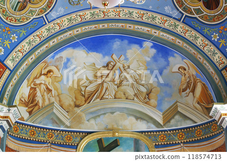 Holy Trinity, fresco in the parish church of Helena in Zabok, Croatia Holy Trinity, fresco in the parish church of Helena in Zabok, Croatia 118574713