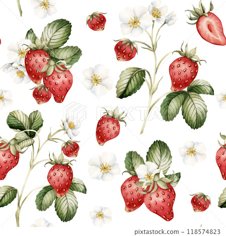 Strawberry, ripe berries with flowers and leaves. Watercolor illustration, floral seamless pattern on white background with summer fruit for table textile, summer fabrics, wrapping and food packages 118574823
