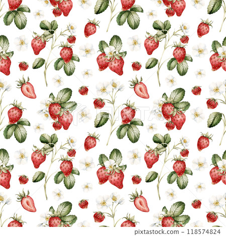 Strawberry, ripe berries with flowers and leaves. Watercolor illustration, floral seamless pattern on white background with summer fruit for table textile, summer fabrics, wrapping and food packages Strawberry, ripe berries with flowers and leaves. Watercolor illustration, floral seamless pattern on white background with summer fruit for table textile, summer fabrics, wrapping and food packages 118574824