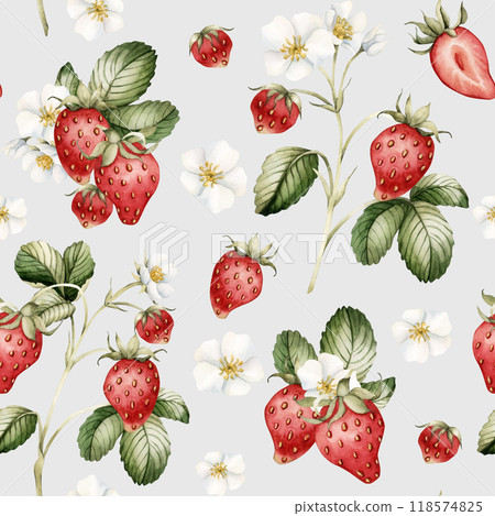 Strawberry, ripe berries with flowers and leaves. Watercolor illustration, floral seamless pattern on blue background with summer fruit for table textile, summer fabrics, wrapping and food packages Strawberry, ripe berries with flowers and leaves. Watercolor illustration, floral seamless pattern on blue background with summer fruit for table textile, summer fabrics, wrapping and food packages 118574825