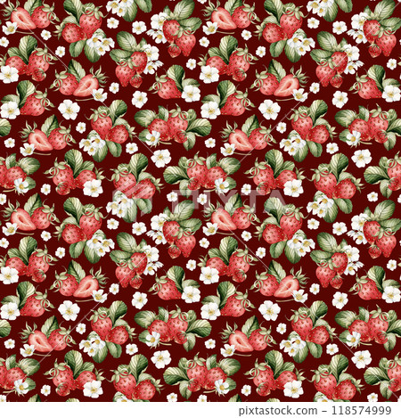 Strawberry, ripe berries with flowers and leaves. Watercolor illustration, floral seamless pattern on burgundy background with summer fruit for table textile, summer fabrics, wrapping and food package Strawberry, ripe berries with flowers and leaves. Watercolor illustration, floral seamless pattern on burgundy background with summer fruit for table textile, summer fabrics, wrapping and food package 118574999