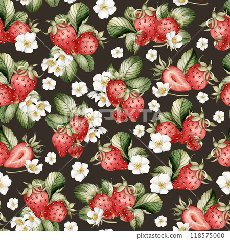 Strawberry, ripe berries with flowers and leaves. Watercolor illustration, floral seamless pattern on dark background with summer fruit for table textile, summer fabrics, wrapping and food packages Strawberry, ripe berries with flowers and leaves. Watercolor illustration, floral seamless pattern on dark background with summer fruit for table textile, summer fabrics, wrapping and food packages 118575000
