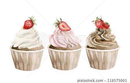 Cupcakes with colorful cream and strawberries. Sweets with fruits. Watercolor hand drawn isolated food illustration for bakery and confectionery design, cafe menu, table textille and delicious prints Cupcakes with colorful cream and strawberries. Sweets with fruits. Watercolor hand drawn isolated food illustration for bakery and confectionery design, cafe menu, table textille and delicious prints 118575001