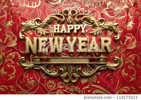 Golden inscription Happy New Year on a bright red background. AI-generated content. 118575023