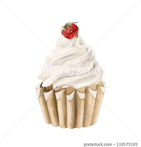 Cupcake with cream and strawberries. Sweet dessert with fruits. Watercolor hand drawn isolated food illustration for bakery and confectionery design, cafe menu, table textille and delicious print 118575105
