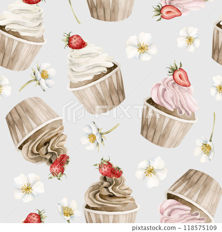 Cupcakes with strawberry and flowers. Watercolor seamless pattern on blue background with muffins and fruits for confectionery design, table textile, delicious prints, summer fabrics, wrapping paper Cupcakes with strawberry and flowers. Watercolor seamless pattern on blue background with muffins and fruits for confectionery design, table textile, delicious prints, summer fabrics, wrapping paper 118575109