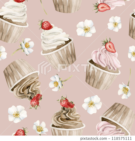 Cupcakes with strawberry and flowers. Watercolor seamless pattern on pink background with muffins and fruits for confectionery design, table textile, delicious prints, summer fabrics, wrapping paper 118575111