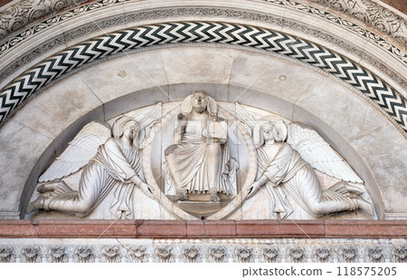 Central portal of the Cathedral of St Martin in Lucca. Lunette depicts the Redeemer in a mandorla held by two angels, Lucca, Italy Central portal of the Cathedral of St Martin in Lucca. Lunette depicts the Redeemer in a mandorla held by two angels, Lucca, Italy 118575205
