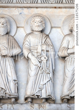 Bass-relief representing the Saint Peter the Apostle, Cathedral of St. Martin in Lucca, Italy 118575206