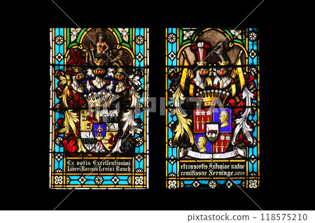 Coat of arms of Baroness Antony Sermage and Baron Levin Rauch, stained glass in Zagreb cathedral 118575210