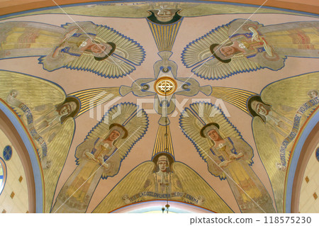 Angels, ceiling fresco in the parish church of the Assumption of the Virgin Mary in Oroslavlje, Croatia Angels, ceiling fresco in the parish church of the Assumption of the Virgin Mary in Oroslavlje, Croatia 118575230