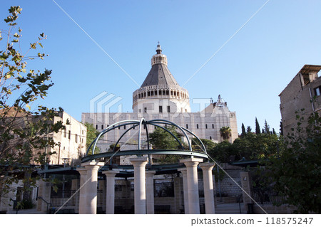The Basilica of the Annunciation in Nazareth, Israel, stands on the site where the archangel Gabriel announced to Mary the forthcoming birth of Jesus 118575247