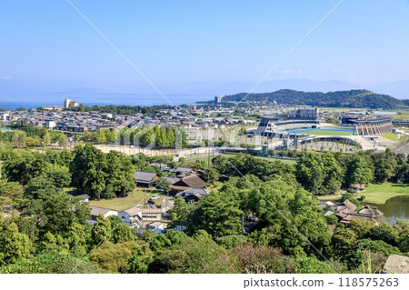 View of Lake Biwa and the Hikone townscape from Tsukimidai (Moon Viewing Platform) of Hikone Castle, Hikone City View of Lake Biwa and the Hikone townscape from Tsukimidai (Moon Viewing Platform) of Hikone Castle, Hikone City 118575263