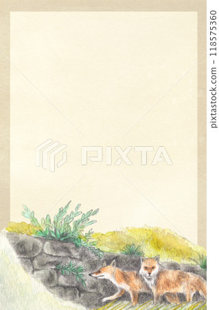 A nostalgic background illustration of a fox and a field with watercolor paintings and craft paper. Vertical design 118575360
