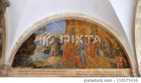 The frescoes with scenes from the life of St. Francis of Assisi, cloister of the Franciscan monastery of the Friars Minor in Dubrovnik, Croatia 118575416